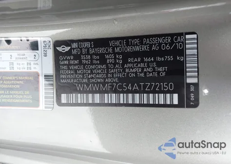 2010 Mini Cooper S z USA, uszkodzony, nr VIN WMWMF7C54ATZ72150